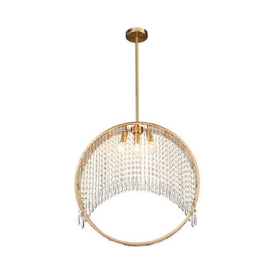 Postmodern Stylish Circle Drop Pendant 3-Light Iron Chandelier in Gold with Crystal Drapes Clearhalo 'Ceiling Lights' 'Chandeliers' 'Modern Chandeliers' 'Modern' Lighting' 1431969