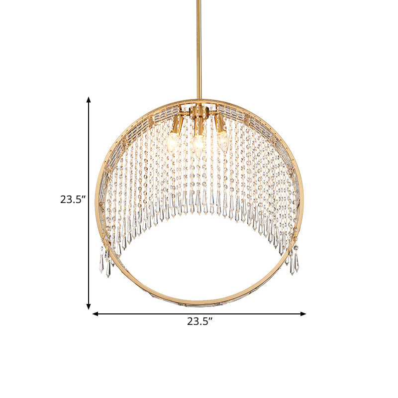 Postmodern Stylish Circle Drop Pendant 3-Light Iron Chandelier in Gold with Crystal Drapes Clearhalo 'Ceiling Lights' 'Chandeliers' 'Modern Chandeliers' 'Modern' Lighting' 1431970