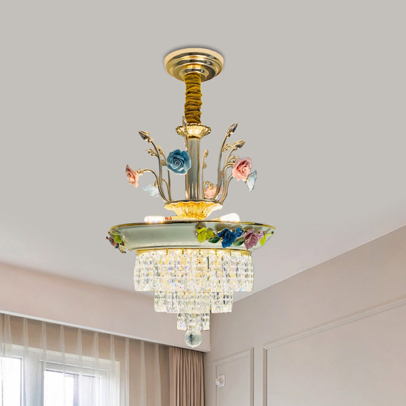 14"/17" W Antiqued Tiers Chandelier 2-Light Cut Crystal Drop Lamp with Handmade Rose Trim in Blue/Beige Beige 14" Clearhalo 'Ceiling Lights' 'Chandeliers' Lighting' options 1432048_106756a9-d353-440d-9f72-d8a3d3163d12