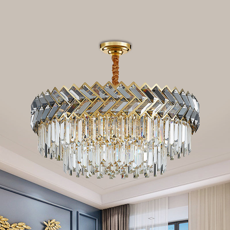 9 Bulbs Chandelier Pendant Light Modern 2-Layered Crystal Rods Suspension Light with Herringbone Design in Black-Gold Clearhalo 'Ceiling Lights' 'Chandeliers' 'Modern Chandeliers' 'Modern' Lighting' 1432066