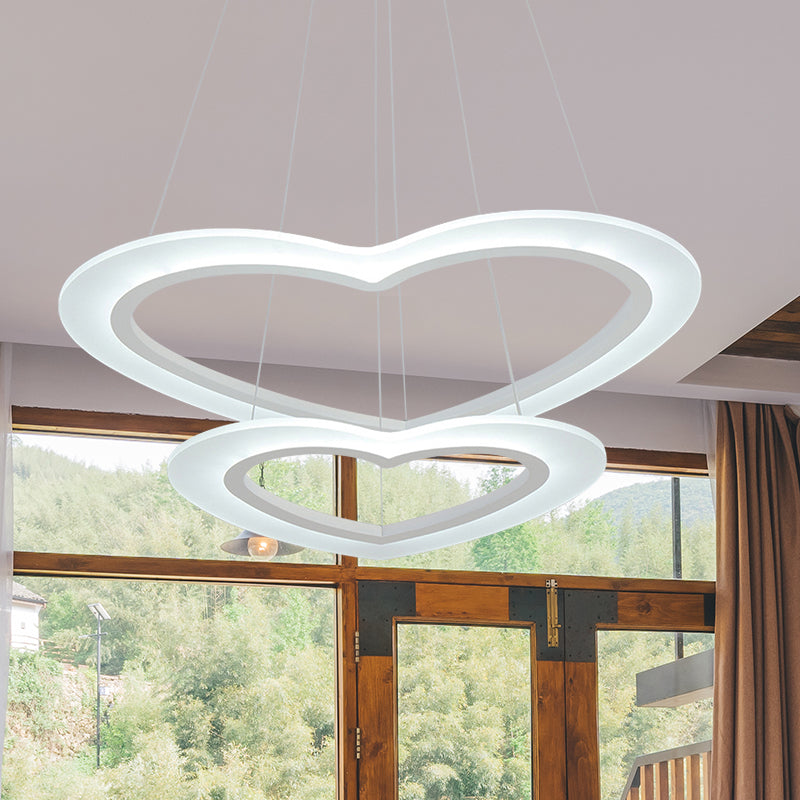 Heart-Shaped Chandelier Light Simple Acrylic LED 1/2/3-Head Living Room Ceiling Drop Pendant in Warm/White Light 2 White Clearhalo 'Ceiling Lights' 'Chandeliers' 'Modern Chandeliers' 'Modern' Lighting' 143207