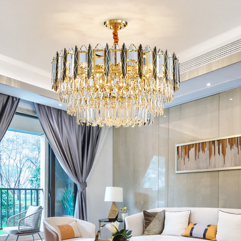 9-Head Tiered Chandelier Pendant Modern Stylish Black-Gold Crystal Down Lighting for Living Room Black-Gold Clearhalo 'Ceiling Lights' 'Chandeliers' 'Modern Chandeliers' 'Modern' Lighting' 1432075