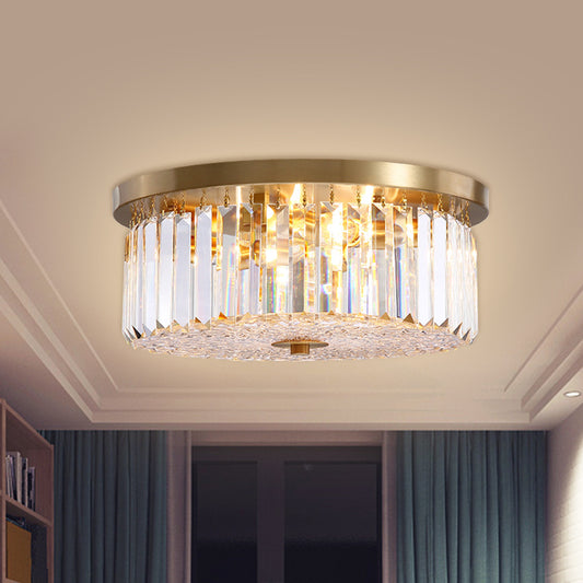 Prismatic Crystal Brass Flushmount Drum Shaped 4-Light Postmodern Ceiling Flush Light Brass Clearhalo 'Ceiling Lights' 'Close To Ceiling Lights' 'Close to ceiling' 'Flush mount' Lighting' 1432107