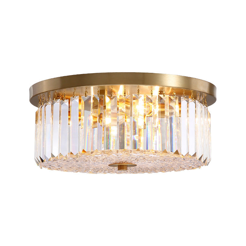 Prismatic Crystal Brass Flushmount Drum Shaped 4-Light Postmodern Ceiling Flush Light Clearhalo 'Ceiling Lights' 'Close To Ceiling Lights' 'Close to ceiling' 'Flush mount' Lighting' 1432109