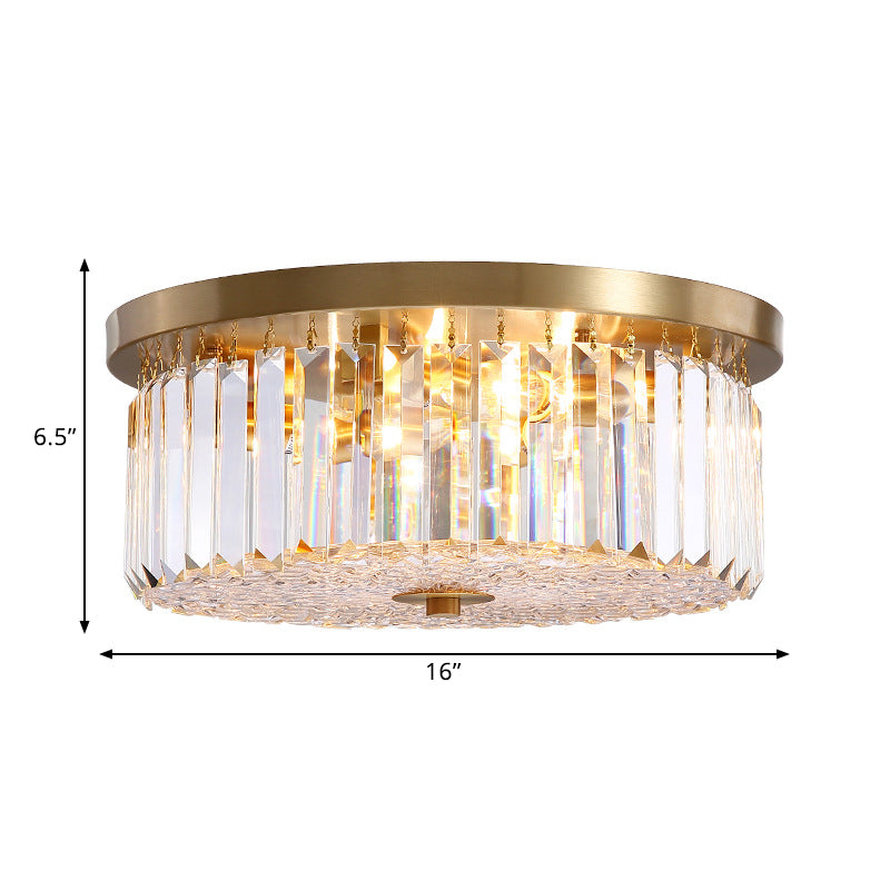 Prismatic Crystal Brass Flushmount Drum Shaped 4-Light Postmodern Ceiling Flush Light Clearhalo 'Ceiling Lights' 'Close To Ceiling Lights' 'Close to ceiling' 'Flush mount' Lighting' 1432110