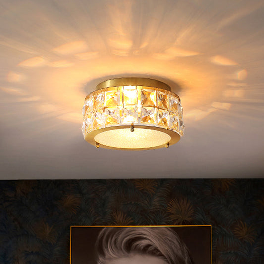 Brass Round Small Ceiling Light Postmodern Beveled Crystal 2-Light Bedroom Flush Mount Lamp Brass Clearhalo 'Ceiling Lights' 'Close To Ceiling Lights' 'Close to ceiling' 'Flush mount' Lighting' 1432154