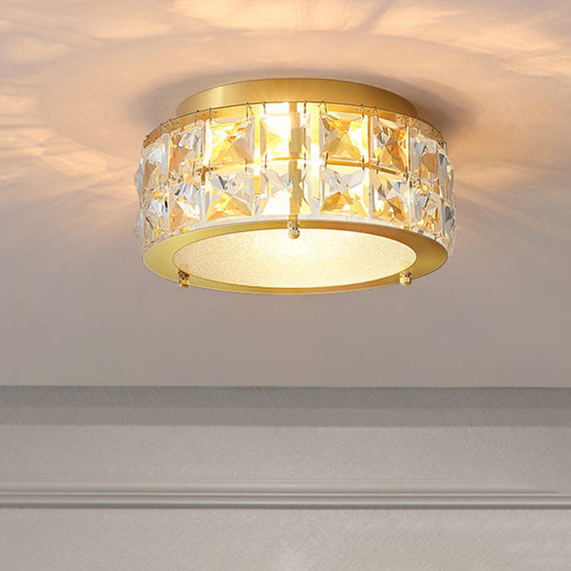 Brass Round Small Ceiling Light Postmodern Beveled Crystal 2-Light Bedroom Flush Mount Lamp Clearhalo 'Ceiling Lights' 'Close To Ceiling Lights' 'Close to ceiling' 'Flush mount' Lighting' 1432155