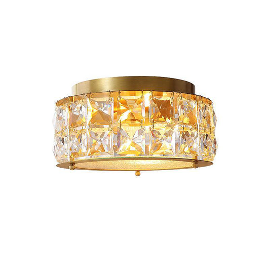 Brass Round Small Ceiling Light Postmodern Beveled Crystal 2-Light Bedroom Flush Mount Lamp Clearhalo 'Ceiling Lights' 'Close To Ceiling Lights' 'Close to ceiling' 'Flush mount' Lighting' 1432156