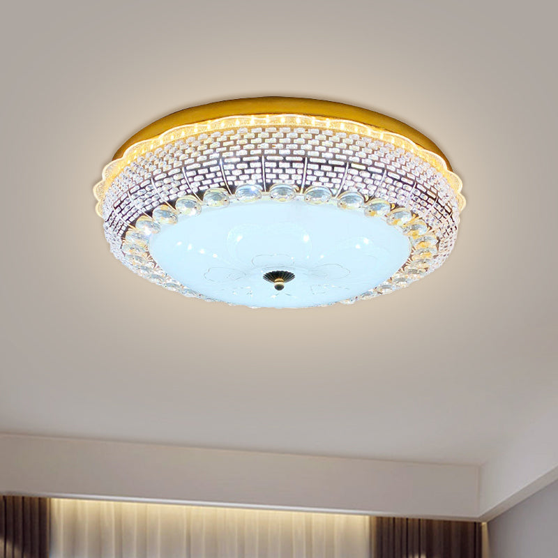 Gold Drum Ceiling Flushmount Lamp Modern Crystal Embedded Bedroom LED Flush Mount with Fishscale/Net Design Clearhalo 'Ceiling Lights' 'Close To Ceiling Lights' 'Close to ceiling' 'Flush mount' Lighting' 1432228