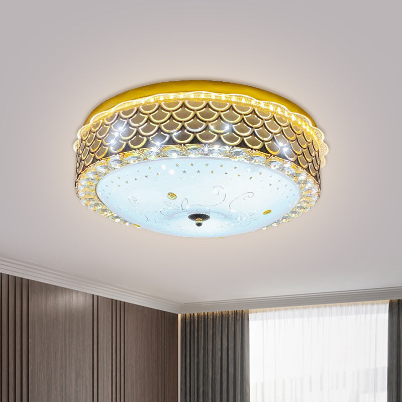 Gold Drum Ceiling Flushmount Lamp Modern Crystal Embedded Bedroom LED Flush Mount with Fishscale/Net Design Gold C Clearhalo 'Ceiling Lights' 'Close To Ceiling Lights' 'Close to ceiling' 'Flush mount' Lighting' 1432231