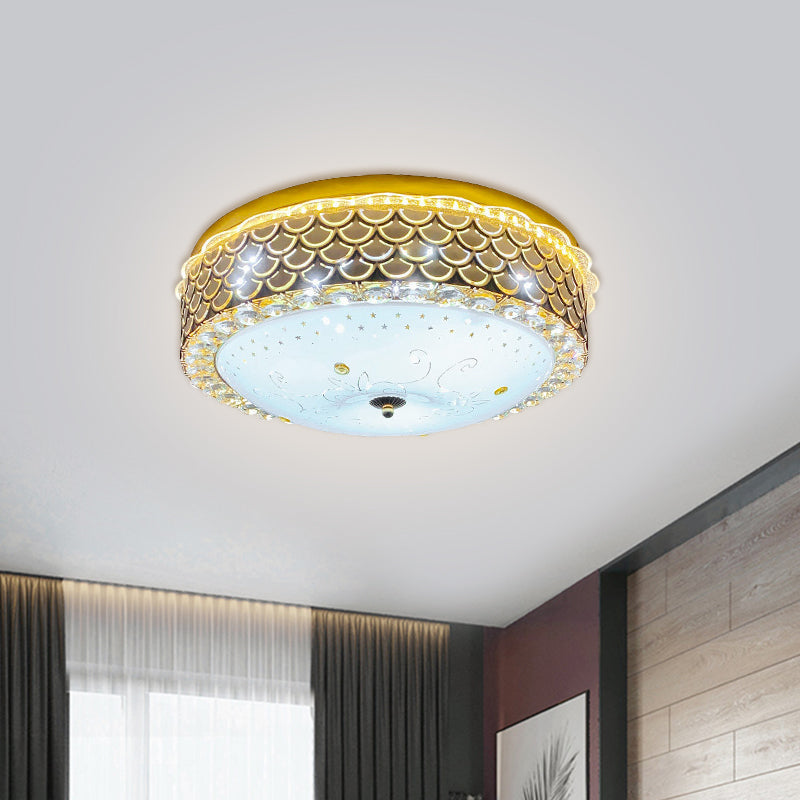 Gold Drum Ceiling Flushmount Lamp Modern Crystal Embedded Bedroom LED Flush Mount with Fishscale/Net Design Clearhalo 'Ceiling Lights' 'Close To Ceiling Lights' 'Close to ceiling' 'Flush mount' Lighting' 1432232