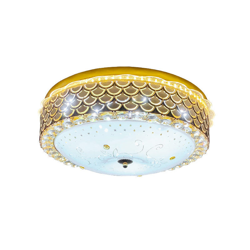 Gold Drum Ceiling Flushmount Lamp Modern Crystal Embedded Bedroom LED Flush Mount with Fishscale/Net Design Clearhalo 'Ceiling Lights' 'Close To Ceiling Lights' 'Close to ceiling' 'Flush mount' Lighting' 1432233