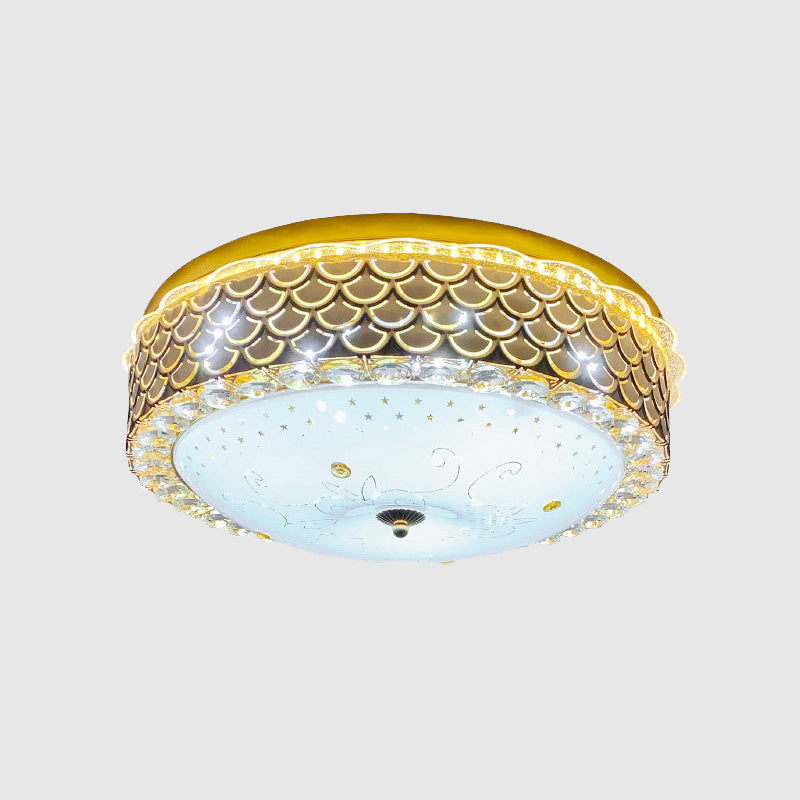 Gold Drum Ceiling Flushmount Lamp Modern Crystal Embedded Bedroom LED Flush Mount with Fishscale/Net Design Clearhalo 'Ceiling Lights' 'Close To Ceiling Lights' 'Close to ceiling' 'Flush mount' Lighting' 1432234