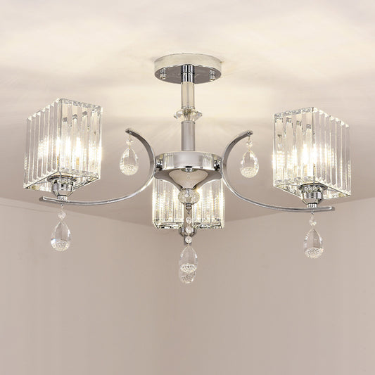 Chrome 3/6-Head Ceiling Mount Chandelier Contemporary Crystal Cuboid Semi Flush Light 3 Chrome Clearhalo 'Ceiling Lights' 'Close To Ceiling Lights' 'Close to ceiling' 'Semi-flushmount' Lighting' 1432246