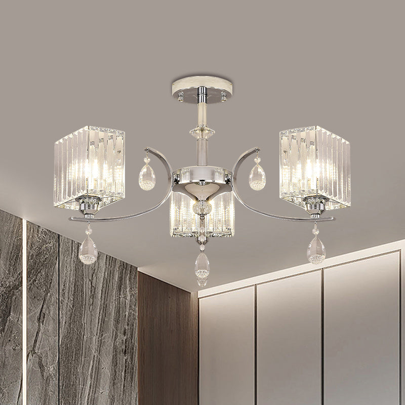 Chrome 3/6-Head Ceiling Mount Chandelier Contemporary Crystal Cuboid Semi Flush Light Clearhalo 'Ceiling Lights' 'Close To Ceiling Lights' 'Close to ceiling' 'Semi-flushmount' Lighting' 1432247