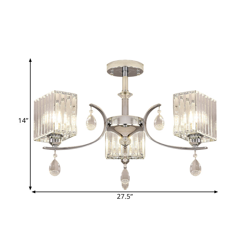 Chrome 3/6-Head Ceiling Mount Chandelier Contemporary Crystal Cuboid Semi Flush Light Clearhalo 'Ceiling Lights' 'Close To Ceiling Lights' 'Close to ceiling' 'Semi-flushmount' Lighting' 1432249