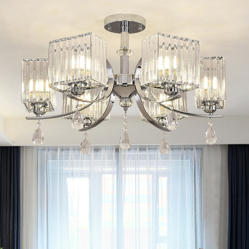 Chrome 3/6-Head Ceiling Mount Chandelier Contemporary Crystal Cuboid Semi Flush Light 6 Chrome Clearhalo 'Ceiling Lights' 'Close To Ceiling Lights' 'Close to ceiling' 'Semi-flushmount' Lighting' 1432250