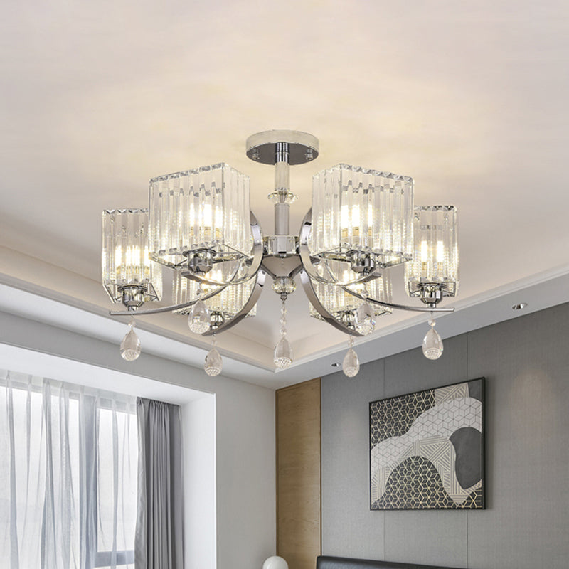 Chrome 3/6-Head Ceiling Mount Chandelier Contemporary Crystal Cuboid Semi Flush Light Clearhalo 'Ceiling Lights' 'Close To Ceiling Lights' 'Close to ceiling' 'Semi-flushmount' Lighting' 1432251