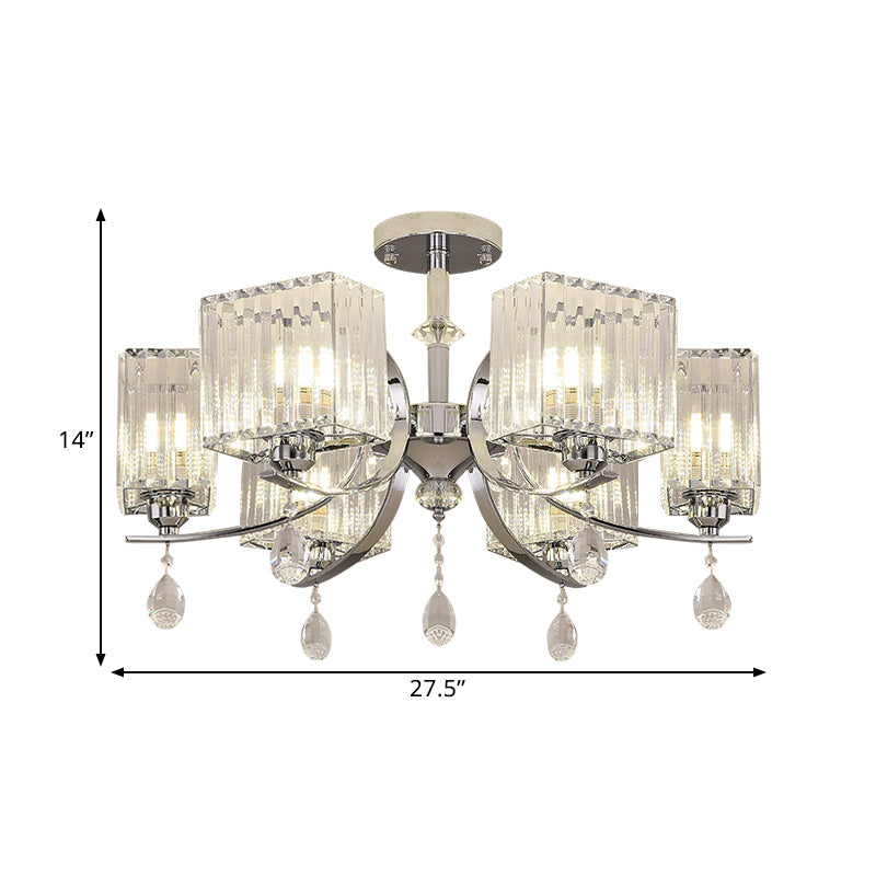 Chrome 3/6-Head Ceiling Mount Chandelier Contemporary Crystal Cuboid Semi Flush Light Clearhalo 'Ceiling Lights' 'Close To Ceiling Lights' 'Close to ceiling' 'Semi-flushmount' Lighting' 1432253