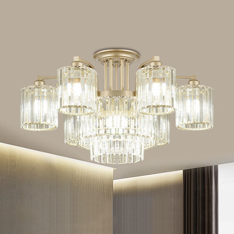 3/9-Light Cylinder Ceiling Lamp Modern Clear Crystal Semi Flush Mount Light Fixture for Bedroom 9 Clear Clearhalo 'Ceiling Lights' 'Close To Ceiling Lights' 'Close to ceiling' 'Semi-flushmount' Lighting' 1432281