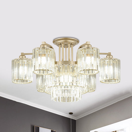 3/9-Light Cylinder Ceiling Lamp Modern Clear Crystal Semi Flush Mount Light Fixture for Bedroom Clearhalo 'Ceiling Lights' 'Close To Ceiling Lights' 'Close to ceiling' 'Semi-flushmount' Lighting' 1432283