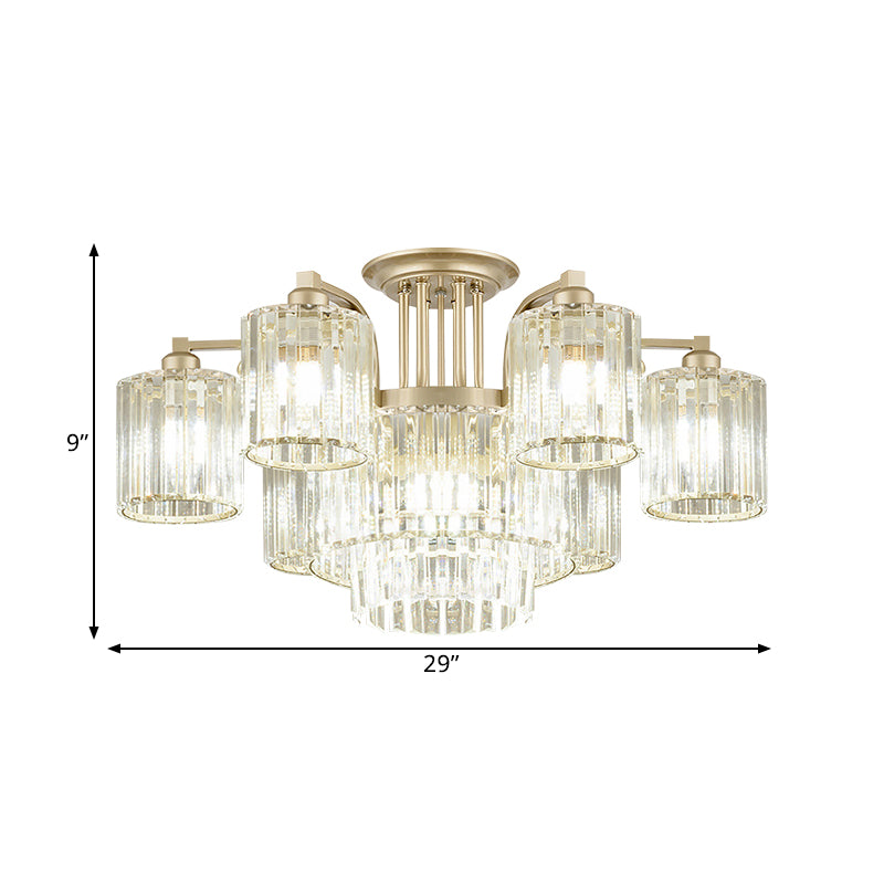 3/9-Light Cylinder Ceiling Lamp Modern Clear Crystal Semi Flush Mount Light Fixture for Bedroom Clearhalo 'Ceiling Lights' 'Close To Ceiling Lights' 'Close to ceiling' 'Semi-flushmount' Lighting' 1432285