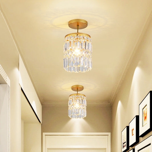 Beveled Crystal Cylindrical Semi Flush Minimalist 1 Head Corridor Close to Ceiling Light in Gold Gold Clearhalo 'Ceiling Lights' 'Close To Ceiling Lights' 'Close to ceiling' 'Semi-flushmount' Lighting' 1432286