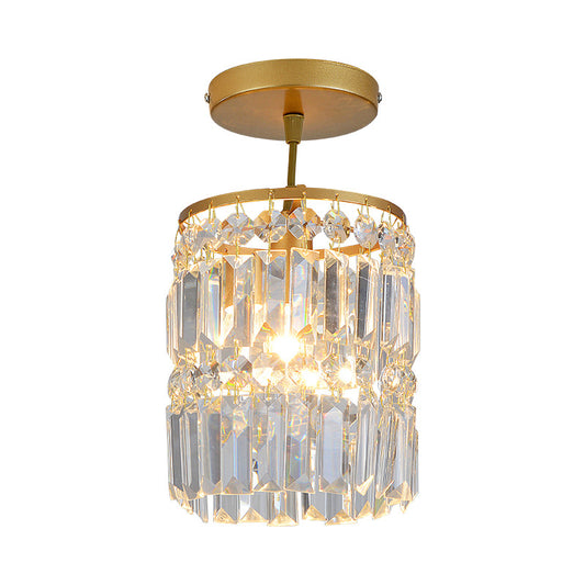 Beveled Crystal Cylindrical Semi Flush Minimalist 1 Head Corridor Close to Ceiling Light in Gold Clearhalo 'Ceiling Lights' 'Close To Ceiling Lights' 'Close to ceiling' 'Semi-flushmount' Lighting' 1432288