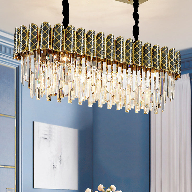 Black-Gold 10 Heads Hanging Pendant Modern Crystal Icicles Oblong Island Ceiling Light Clearhalo 'Ceiling Lights' 'Island Lights' Lighting' 1432399