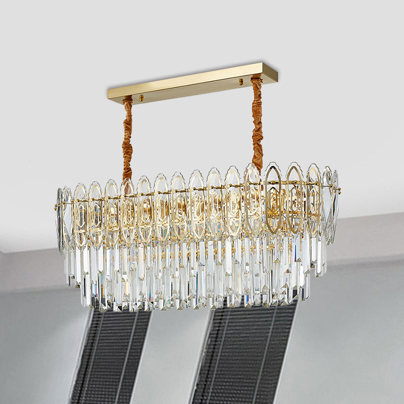 Gold Layered Oblong Island Lamp Contemporary Clear Crystal 10-Head Kitchen Hanging Light Clearhalo 'Ceiling Lights' 'Island Lights' Lighting' 1432431