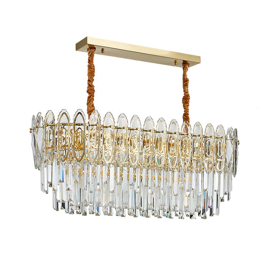 Gold Layered Oblong Island Lamp Contemporary Clear Crystal 10-Head Kitchen Hanging Light Clearhalo 'Ceiling Lights' 'Island Lights' Lighting' 1432432
