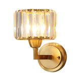 Cylindrical Crystal Prism Wall Lamp Postmodern 1 Bulb Bedside Sconce Light Fixture in Brass Clearhalo 'Cast Iron' 'Glass' 'Industrial' 'Modern wall lights' 'Modern' 'Tiffany' 'Traditional wall lights' 'Wall Lamps & Sconces' 'Wall Lights' Lighting' 1432489