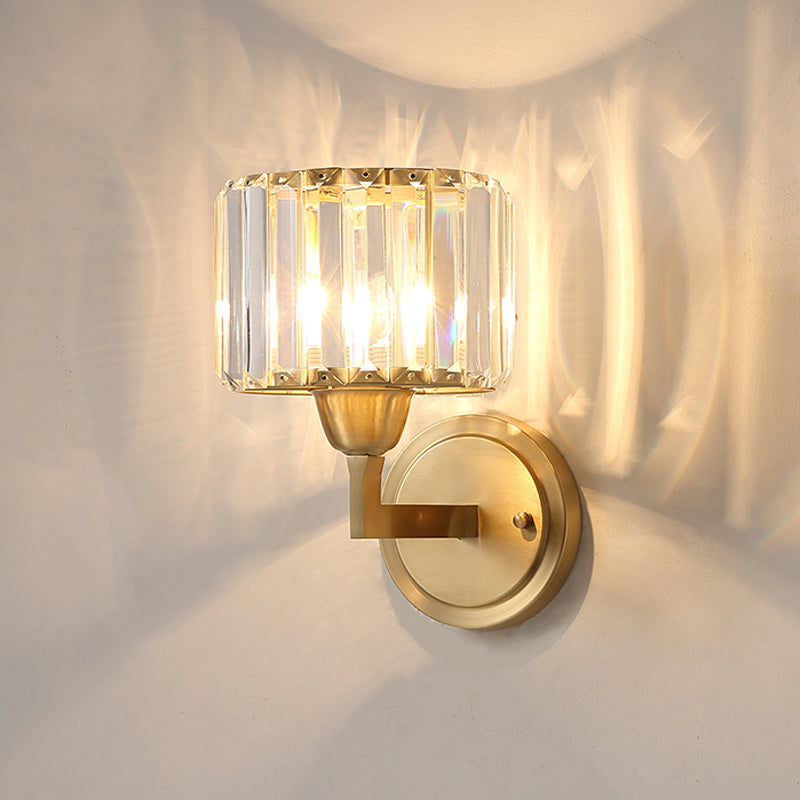 Cylindrical Crystal Prism Wall Lamp Postmodern 1 Bulb Bedside Sconce Light Fixture in Brass Clearhalo 'Cast Iron' 'Glass' 'Industrial' 'Modern wall lights' 'Modern' 'Tiffany' 'Traditional wall lights' 'Wall Lamps & Sconces' 'Wall Lights' Lighting' 1432490
