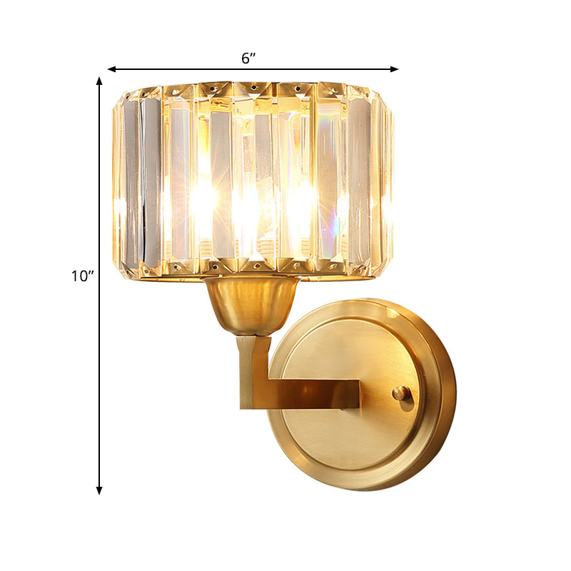 Cylindrical Crystal Prism Wall Lamp Postmodern 1 Bulb Bedside Sconce Light Fixture in Brass Clearhalo 'Cast Iron' 'Glass' 'Industrial' 'Modern wall lights' 'Modern' 'Tiffany' 'Traditional wall lights' 'Wall Lamps & Sconces' 'Wall Lights' Lighting' 1432491