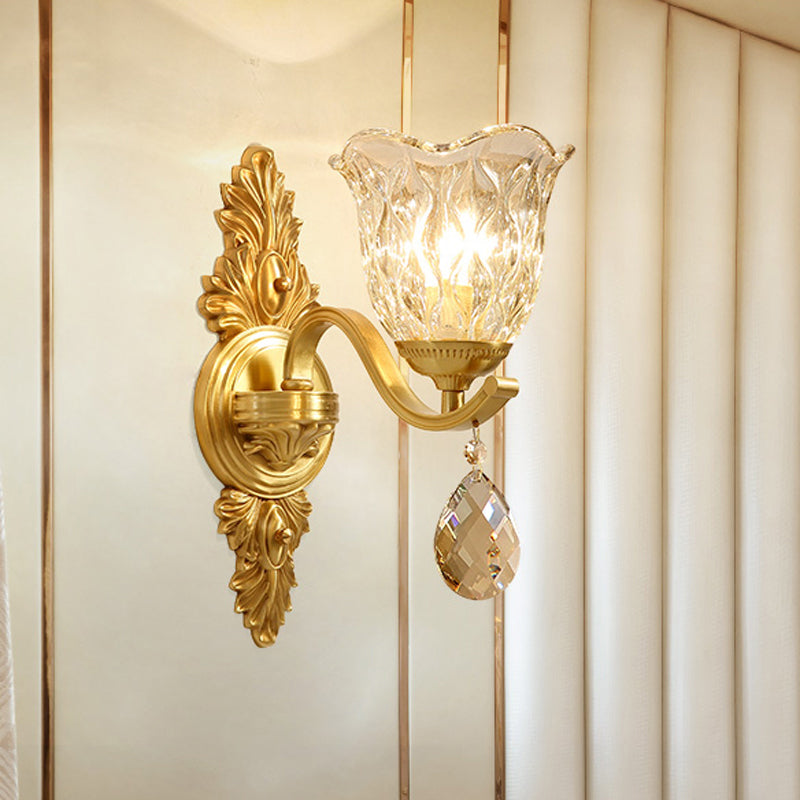 Blown Glass Bellflower Wall Light Mid-Century 1-Light Dining Room Sconce Lighting in Brass Brass Clearhalo 'Wall Lamps & Sconces' 'Wall Lights' Lighting' 1432500