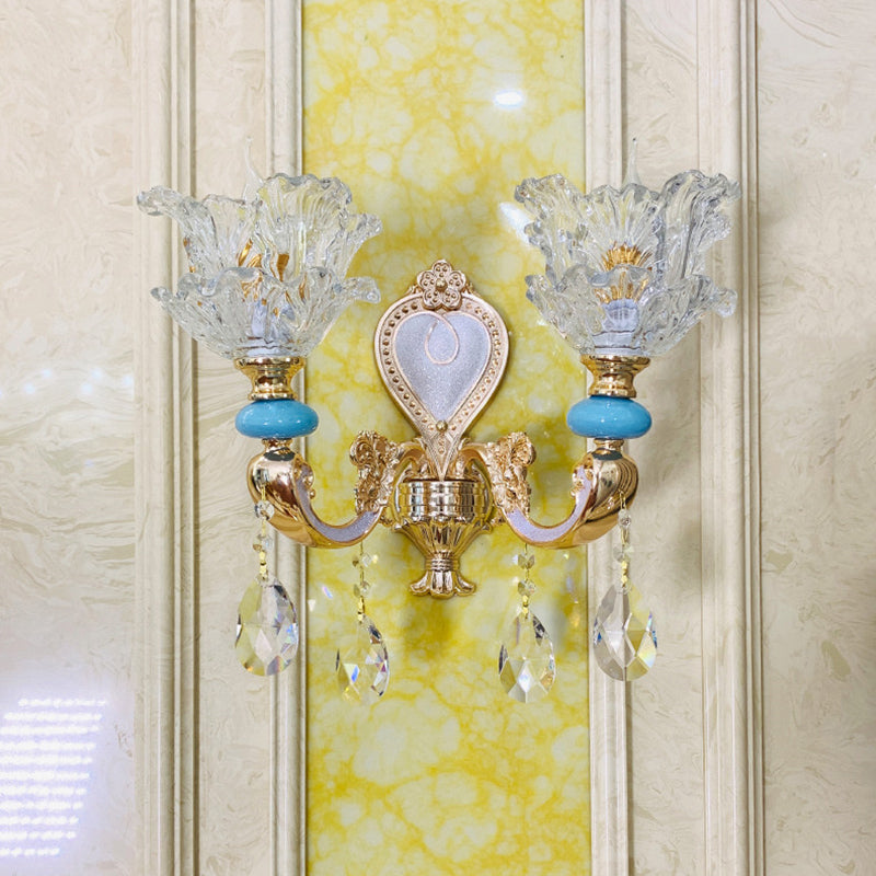 Traditional Layered Flower Wall Light Kit 1/2-Head Clear Crystal Wall Lighting in Gold-Blue 2.0 Gold Clearhalo 'Wall Lamps & Sconces' 'Wall Lights' Lighting' 1432510