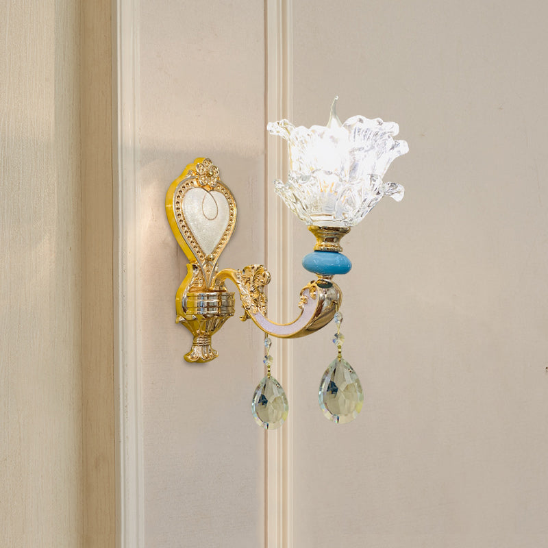 Traditional Layered Flower Wall Light Kit 1/2-Head Clear Crystal Wall Lighting in Gold-Blue 1.0 Gold Clearhalo 'Wall Lamps & Sconces' 'Wall Lights' Lighting' 1432511