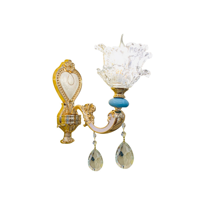 Traditional Layered Flower Wall Light Kit 1/2-Head Clear Crystal Wall Lighting in Gold-Blue Clearhalo 'Wall Lamps & Sconces' 'Wall Lights' Lighting' 1432513