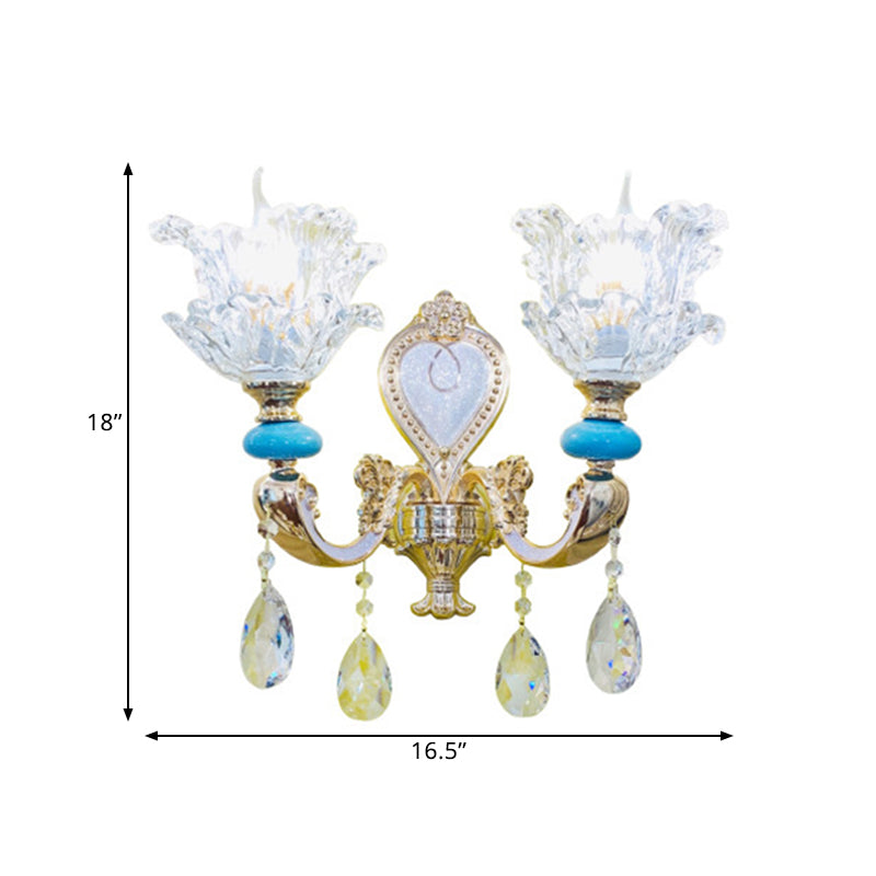 Traditional Layered Flower Wall Light Kit 1/2-Head Clear Crystal Wall Lighting in Gold-Blue Clearhalo 'Wall Lamps & Sconces' 'Wall Lights' Lighting' 1432518