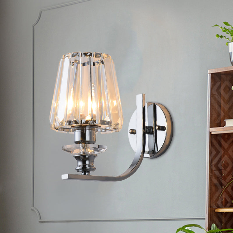 1 Bulb Wall Mount Lamp Modern Living Room Sconce Light with Cone/Cylinder Crystal Shade in Chrome Clearhalo 'Cast Iron' 'Glass' 'Industrial' 'Modern wall lights' 'Modern' 'Tiffany' 'Traditional wall lights' 'Wall Lamps & Sconces' 'Wall Lights' Lighting' 1432527