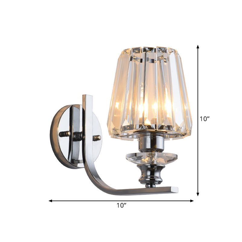 1 Bulb Wall Mount Lamp Modern Living Room Sconce Light with Cone/Cylinder Crystal Shade in Chrome Clearhalo 'Cast Iron' 'Glass' 'Industrial' 'Modern wall lights' 'Modern' 'Tiffany' 'Traditional wall lights' 'Wall Lamps & Sconces' 'Wall Lights' Lighting' 1432529