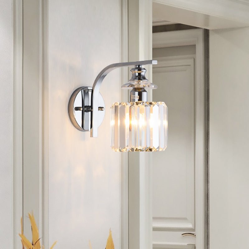 1 Bulb Wall Mount Lamp Modern Living Room Sconce Light with Cone/Cylinder Crystal Shade in Chrome Clearhalo 'Cast Iron' 'Glass' 'Industrial' 'Modern wall lights' 'Modern' 'Tiffany' 'Traditional wall lights' 'Wall Lamps & Sconces' 'Wall Lights' Lighting' 1432531