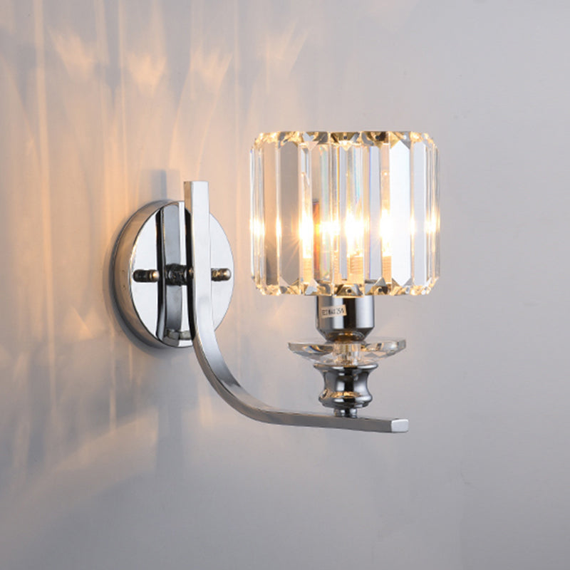 1 Bulb Wall Mount Lamp Modern Living Room Sconce Light with Cone/Cylinder Crystal Shade in Chrome Clearhalo 'Cast Iron' 'Glass' 'Industrial' 'Modern wall lights' 'Modern' 'Tiffany' 'Traditional wall lights' 'Wall Lamps & Sconces' 'Wall Lights' Lighting' 1432533