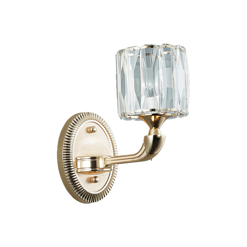 1/2-Head Beveled Cut Crystal Wall Lamp Contemporary Gold Cylinder Living Room Wall Mount Light Clearhalo 'Cast Iron' 'Glass' 'Industrial' 'Modern wall lights' 'Modern' 'Tiffany' 'Traditional wall lights' 'Wall Lamps & Sconces' 'Wall Lights' Lighting' 1432551