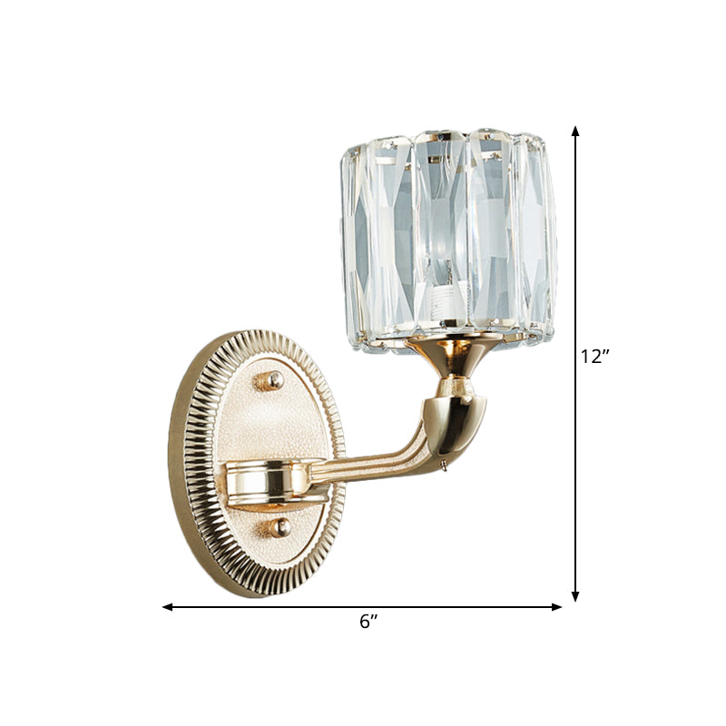 1/2-Head Beveled Cut Crystal Wall Lamp Contemporary Gold Cylinder Living Room Wall Mount Light Clearhalo 'Cast Iron' 'Glass' 'Industrial' 'Modern wall lights' 'Modern' 'Tiffany' 'Traditional wall lights' 'Wall Lamps & Sconces' 'Wall Lights' Lighting' 1432552