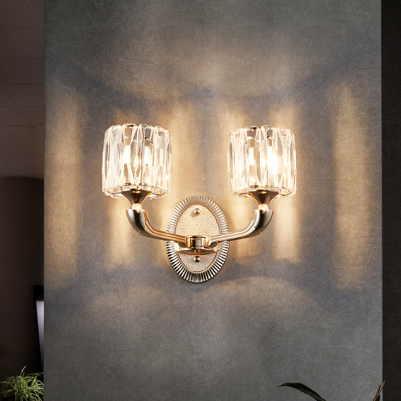 1/2-Head Beveled Cut Crystal Wall Lamp Contemporary Gold Cylinder Living Room Wall Mount Light 2.0 Gold Clearhalo 'Cast Iron' 'Glass' 'Industrial' 'Modern wall lights' 'Modern' 'Tiffany' 'Traditional wall lights' 'Wall Lamps & Sconces' 'Wall Lights' Lighting' 1432553
