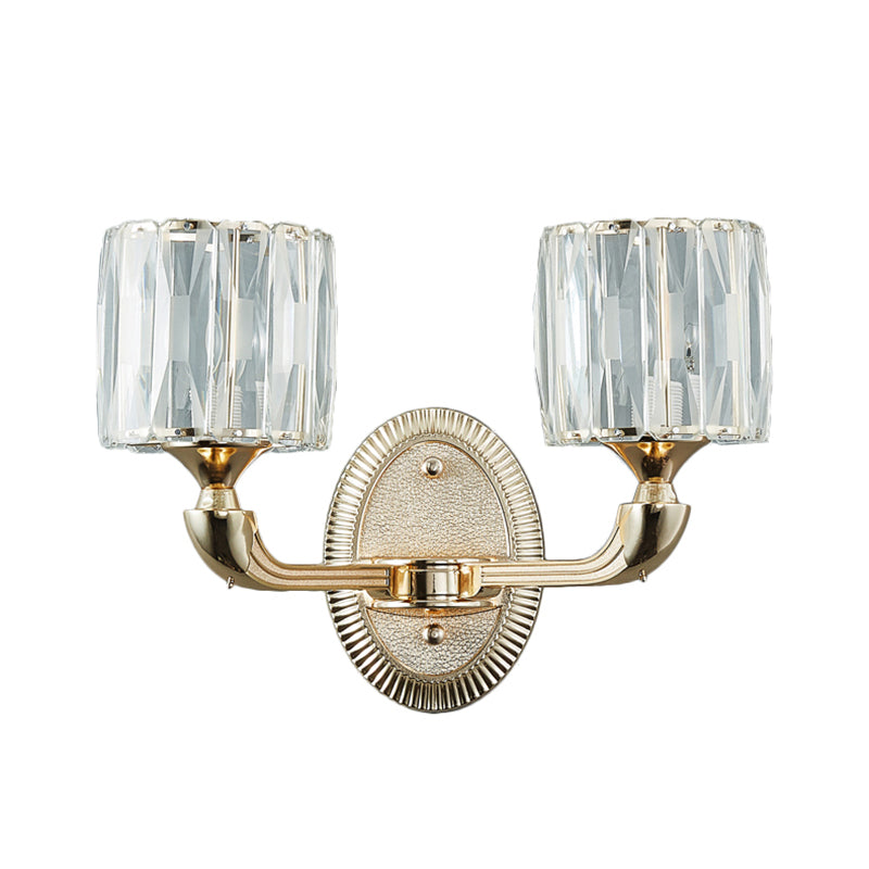 1/2-Head Beveled Cut Crystal Wall Lamp Contemporary Gold Cylinder Living Room Wall Mount Light Clearhalo 'Cast Iron' 'Glass' 'Industrial' 'Modern wall lights' 'Modern' 'Tiffany' 'Traditional wall lights' 'Wall Lamps & Sconces' 'Wall Lights' Lighting' 1432556