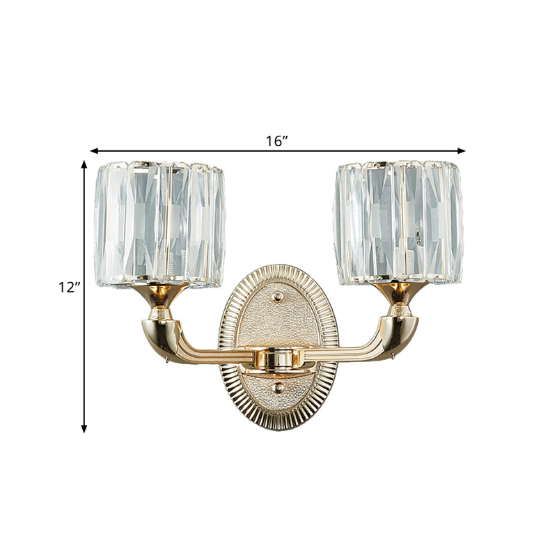 1/2-Head Beveled Cut Crystal Wall Lamp Contemporary Gold Cylinder Living Room Wall Mount Light Clearhalo 'Cast Iron' 'Glass' 'Industrial' 'Modern wall lights' 'Modern' 'Tiffany' 'Traditional wall lights' 'Wall Lamps & Sconces' 'Wall Lights' Lighting' 1432557