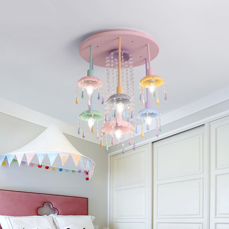 Cascade Girls Bedroom Ceiling Light Macaron Beaded Crystal 7-Light Pink Semi Flush Mount Lighting Pink Clearhalo 'Ceiling Lights' 'Close To Ceiling Lights' 'Close to ceiling' 'Semi-flushmount' Lighting' 1432558