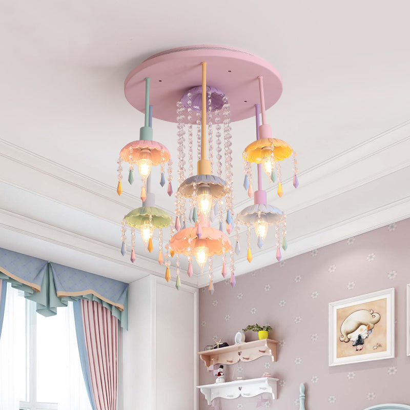 Cascade Girls Bedroom Ceiling Light Macaron Beaded Crystal 7-Light Pink Semi Flush Mount Lighting Clearhalo 'Ceiling Lights' 'Close To Ceiling Lights' 'Close to ceiling' 'Semi-flushmount' Lighting' 1432559